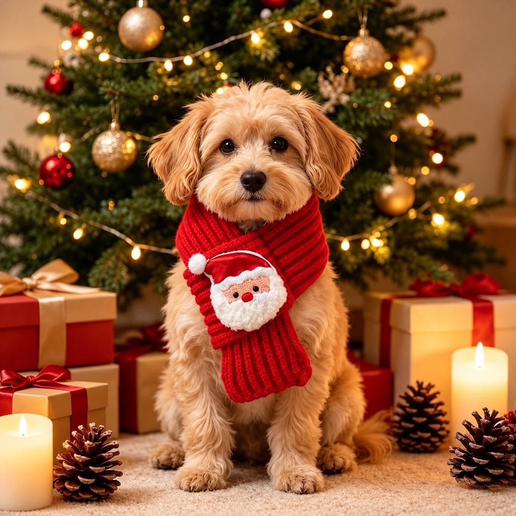 Christmas Pet Scarf for Cats & Dogs, Red Knitted Santa Claus Design