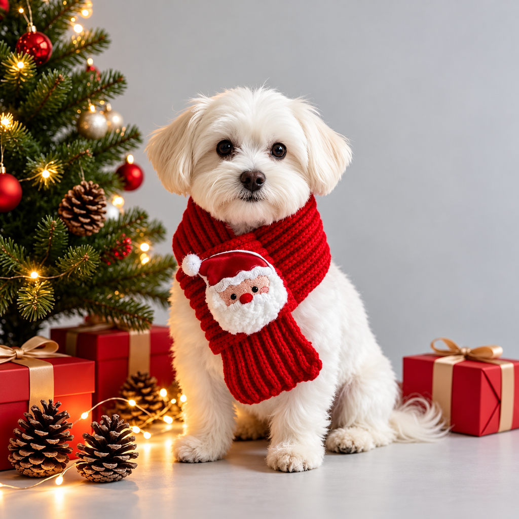 Christmas Pet Scarf for Cats & Dogs, Red Knitted Santa Claus Design