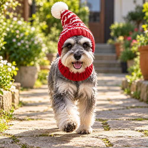 Miniature Schnauzer wearing a red knitted Santa hood