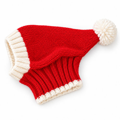 Classic Santa knitted dog hat snood in red with cream trim and pom-pom