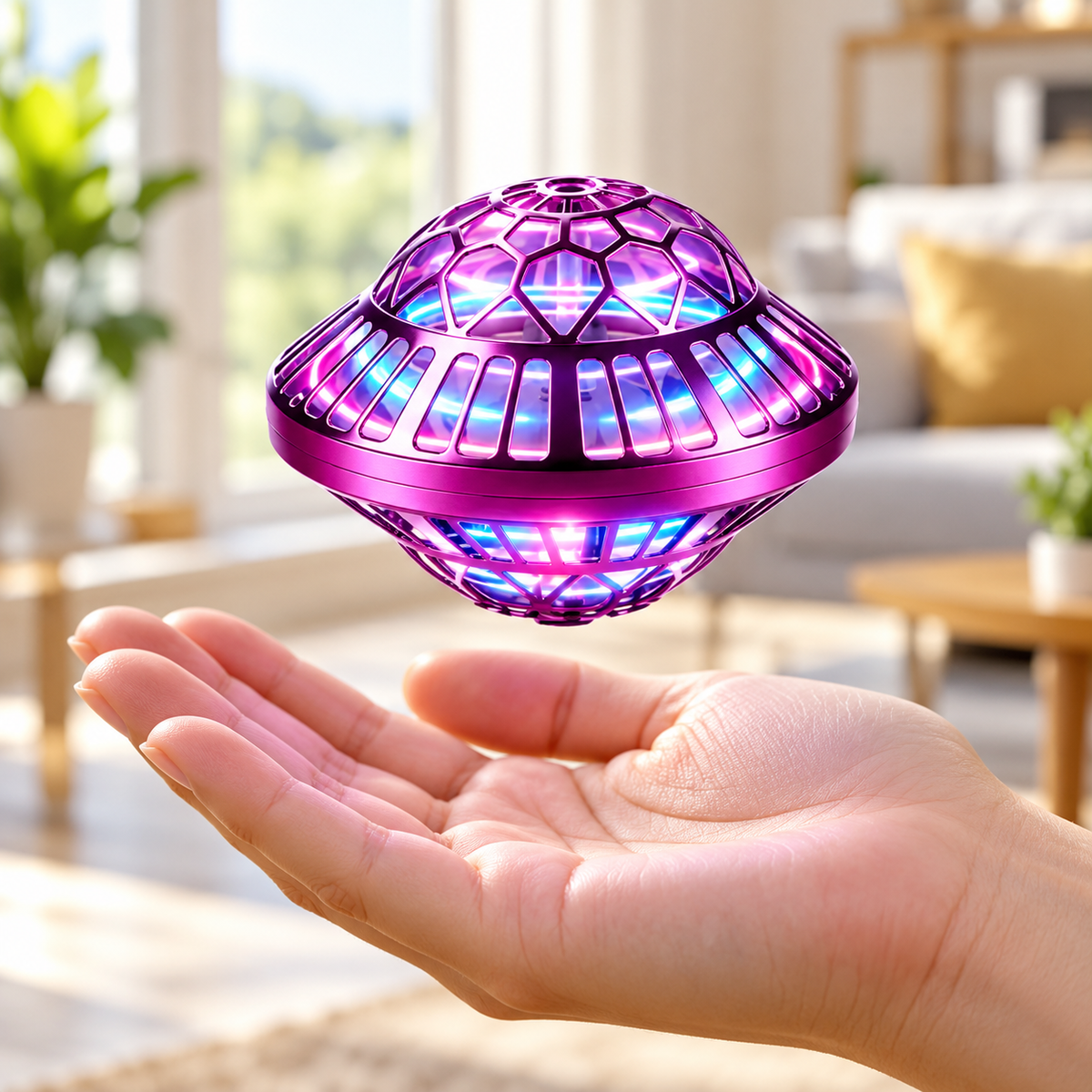 Flying orb ball hovering above an open hand
