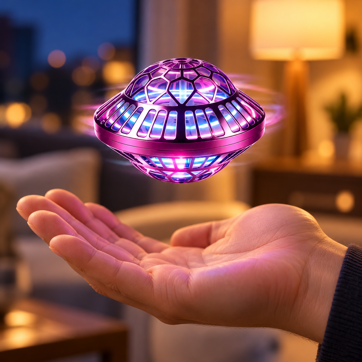 Glowing LED flying orb hovering over a palm