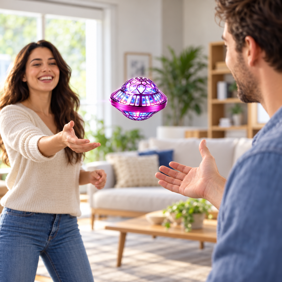 Friends playing throw and catch with the flying orb ball