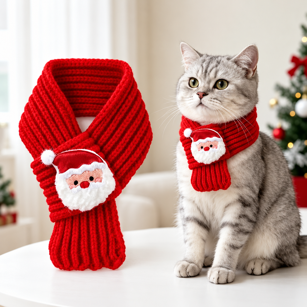 Christmas Pet Scarf for Cats & Dogs, Red Knitted Santa Claus Design