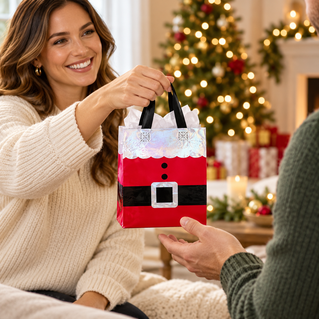 Toys Today Bags, 12pcs Santa Gift Bags Tote Bag, Xmas Kraft Bags, Candy Goodies Bag Gift Wrapping Bag for Present & Party